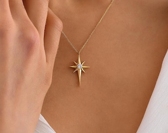 10K 14K Solid Gold North Star Pendant Necklace, Handmade Celestial Jewelry