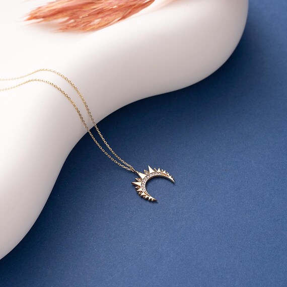 14K Gold Moon Necklace, Dainty initial Crescent Pendant, 14K Solid Gold  Horn Necklace, Handmade Sparkly Moon Pendant, Summer Jewelry