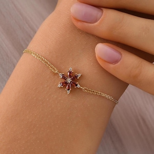 10K 14K Solid Gold Ruby Bracelet, Handmade Minimalist Flower Jewelry, Birthday Gift
