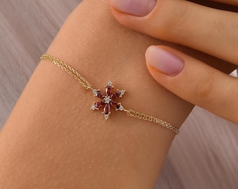 10K 14K Solid Gold Ruby Bracelet, Handmade Minimalist Flower Jewelry, Birthday Gift