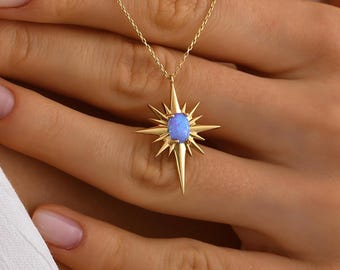 10K 14K Solid Gold Opal North Star Necklace, Handmade Celestial Pendant