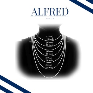 May include: A black silhouette of a person wearing a necklace with different lengths, showing measurements in inches and centimeters. The text "ALFRED GOLD" is at the top of the image.