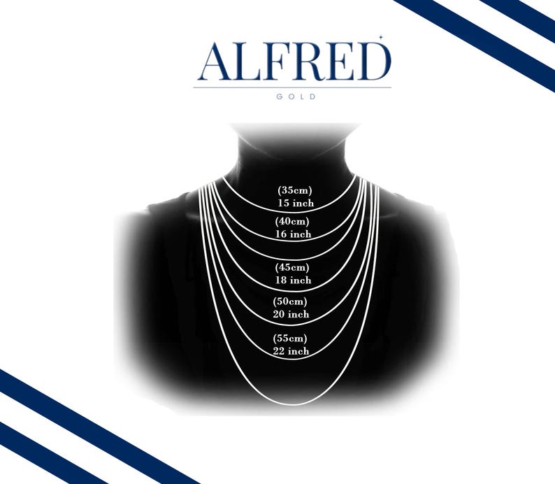 May include: A black silhouette of a person wearing a necklace with different lengths, showing measurements in inches and centimeters. The text "ALFRED GOLD" is at the top of the image.