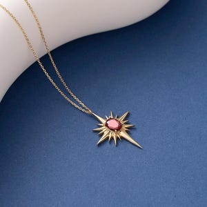 Collier étoile du Nord rubis en or jaune 14 carats fait main, pendentif céleste en or massif 10 carats