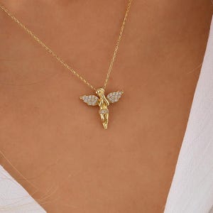 14K Solid Gold Cupid Necklace, 10K Dainty Angel Pendant, Handmade Christmas Gift image 1