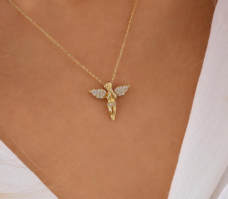 14K Solid Gold Cupid Necklace, 10K Dainty Angel Pendant, Handmade Christmas Gift image 1