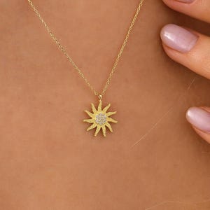 Minimalist Sun Necklace, Dainty initial Celestial Pendant, 14K Real Gold Sun Necklace, Handmade Sunshine Pendant, Handmade GoldShine Pendant