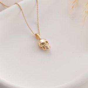 May include: A gold-coloured skull pendant necklace. The pendant is a detailed miniature skull, suspended from a delicate chain. The necklace is displayed on a white surface, with a soft, neutral background.