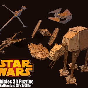 May include: A collection of Star Wars vehicles rendered as 3D puzzles. The image features an X-wing, a B-wing, a TIE fighter, the Millennium Falcon, and an AT-AT walker, all in a detailed, stylized design. The Star Wars logo is also visible.