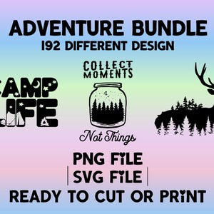 Paquete de SVG y PNG de aventura / Montañas, vida de campamento, bosques, árboles y más / Archivos de corte de silueta de Cricut / Imprimibles / Descarga instantánea ZIP