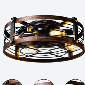 Puede incluir: Lámpara de techo redonda de estilo industrial, con marco de madera color bronce y jaula de metal negro. La lámpara alberga varias bombillas estilo Edison. El diseño incorpora una estética vintage, adecuada para diversos interiores. Diámetro: 40 cm.