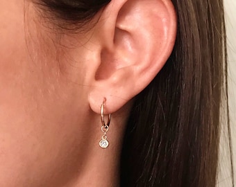 14mm Minimalist Dainty Gold Endless Hoop Earrings With CZ Sparkle Charm. Sensitive skin