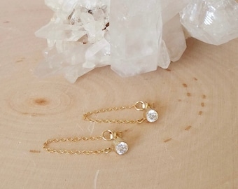 CZ diamond look gold stud earring with chain detail. Simple. Everyday. Minimalist. Fancy. Must have. valentine's gift.