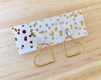 In Love Gold Heart Earrings with Cubic Zirconia Studs and Heart Earjacket