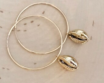 Gold Dipped Cowrie Shell Hoop Earrings