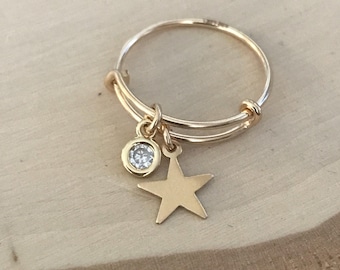 Gold Star Charm and Cubic Zirconia Adjustable Stacking Ring. Size 6-7