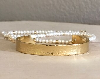 Freshwater Pearl and Gold Hammered Cuff Wrap Bracelet / necklace. Spiritual bracelet with meaning. Textured cuff.
