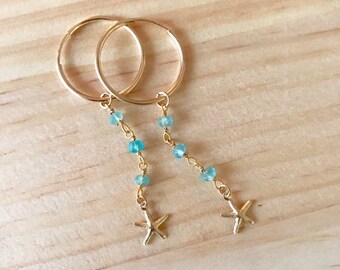By the Sea Star Gold Hoop Earrings - 20mm endless hoops / starfish charm / blue apatite gemstone