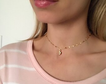 Celestial Moon Gold Charm Choker. Adjustable.