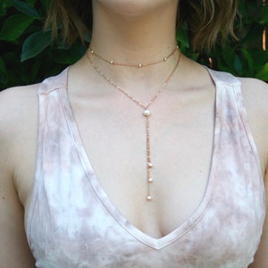 Freshwater Pearl Drops Necklace - Gold Lariat