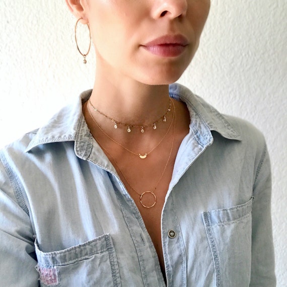 Layered Necklace Set - CZ Gold Choker, Crescent Moon, Karma
