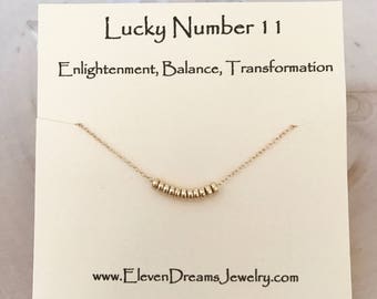 Lucky number 11 (eleven) necklace! Enlightment, balance, transformation . Carded spiritual necklace. Dainty gold necklace.