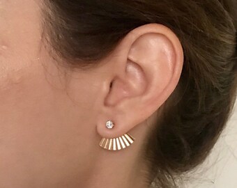 Gold Fan Earjackets and Cubic Zirconia Stud Earrings
