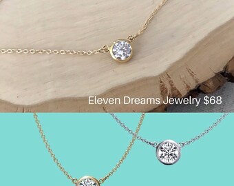 Cubic Zirconia Solitaire Necklace in Gold or Silver. 14k goldfill - Sterling Silver - diamond look