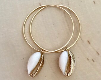 Gold Edge Cowrie Shell Hoop Earrings