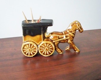 Vintage Home Serving Ceramic Horse and Carriage Toothpick Holder