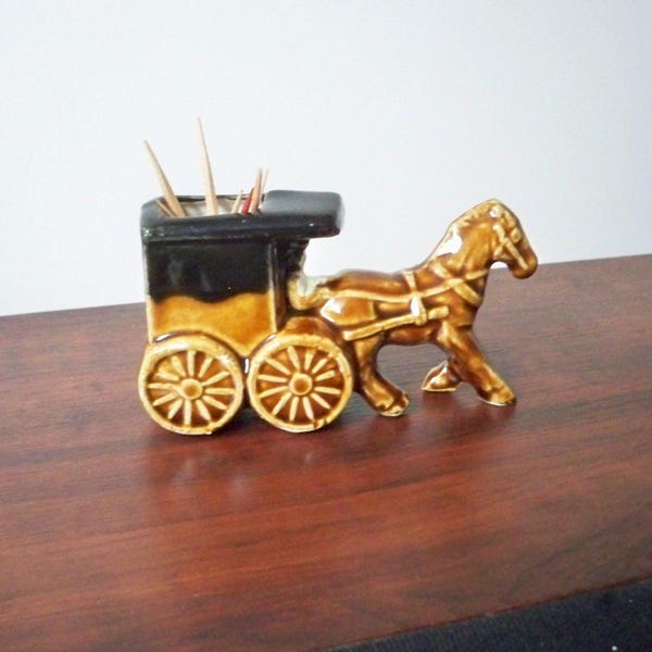 Vintage Home Serving Ceramic Horse and Carriage Toothpick Holder
