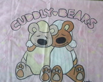 Vintage Child's Bed Linens Twin Fitted Sheet and Pillow Sham / Case Cuddly Bears 1991