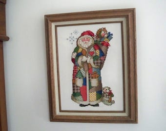 Vintage Cross Stitch Christmas Santa Wall Hanging