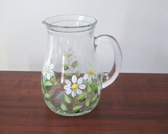 Vintage Hand Painted Daisy Floral Small Glass Pitcher