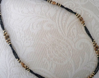 Vintage Costume Jewelry Necklace Black Tan Bead Gold Spacers Slip Over Head