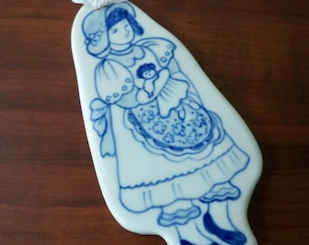 Vintage Decor Little Girl with Doll Ornament Ceramic Hand Painted Blue and White