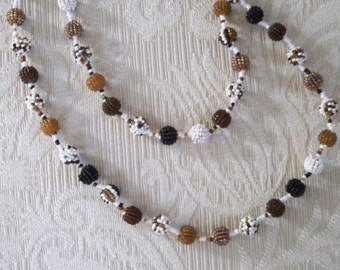 Vintage Jewelry Seed Bead Necklace Brown White Bronze Tones