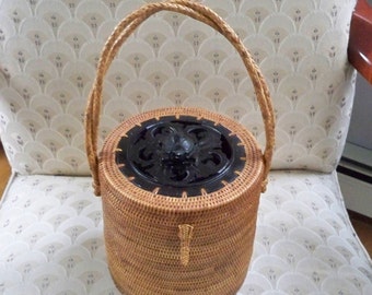 Vintage Handbag Dewi Rattan Basket Purse Carved Wood Turtle Top