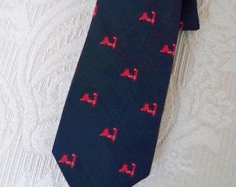 Accesorio vintage, corbata azul marino, diseño de mapa de Cape Cod rojo, corbata puritana