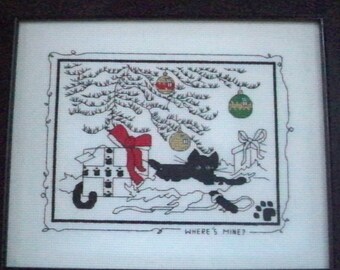 Vintage Hand Stitched Christmas Picture Cat "Where's Mine?"