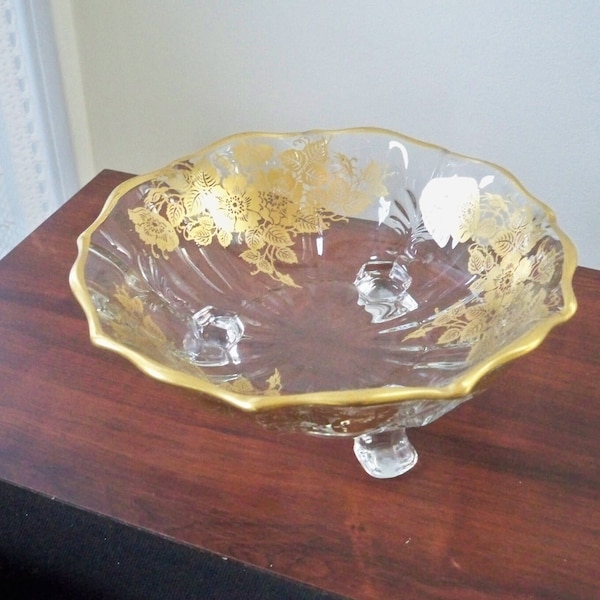 Vintage Glass Gilt Flower Overlay Footed Candy Dish 50th Anniversary