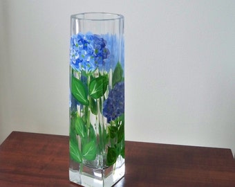 Vintage Home Decor Decorative Glass Vase Blue Hydrangea Hand Painted Signed "Bjorn"