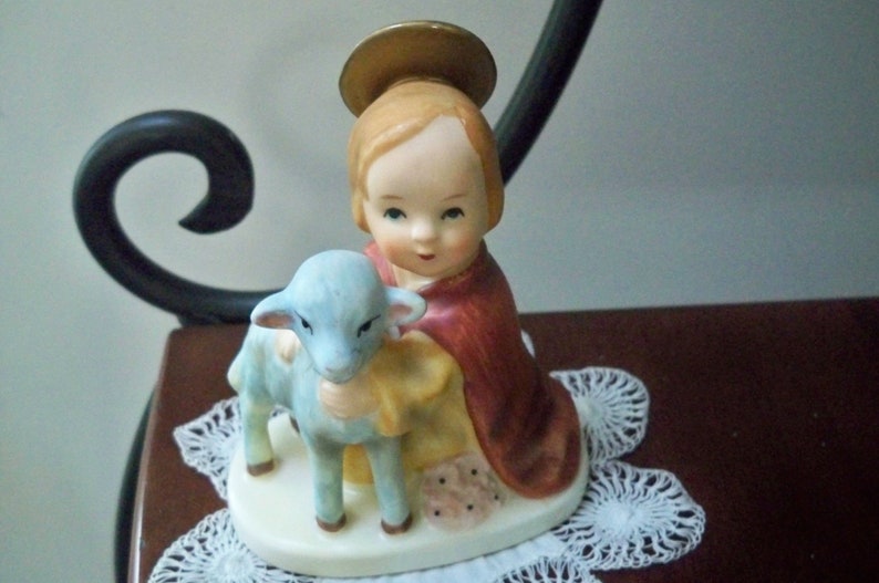 Vintage Collectible Figurine Lefton Young Saint and Lamb Hand Painted