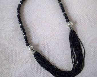 Vintage Jewelry Necklace Black and Silver Bead Necklace