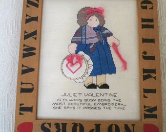 Vintage Art Decor Wall Hanging Country Stitchery Cross Stitch Juliet Valentine Completed Wood Frame