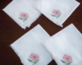 Vintage Home Dining Linens Four Pink Floral Cross Stitch Tea Party Napkins