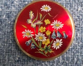 Vintage Stratton Compact Red Floral Butterfly Design Made in England