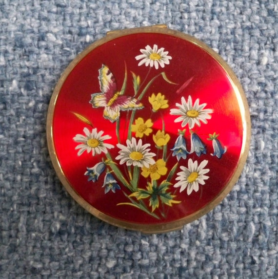 Vintage Stratton Compact Red Floral Butterfly Desi