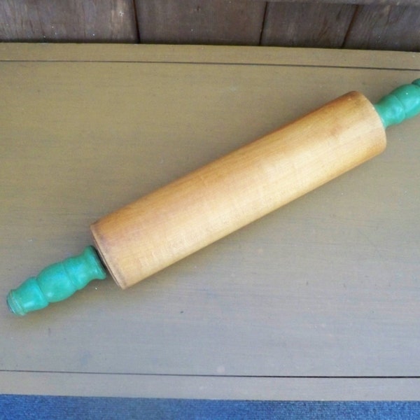 Vintage Baking Rolling Pin Green Paint Handles 1930 Cooking Collectible