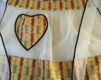 Vintage Accessory Half Apron Yellow Brown Print Organza 1960's Heart Pocket